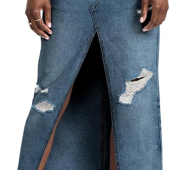 NWOT Long Denim Distressed Skirt with High Slit - Picture 2 of 8